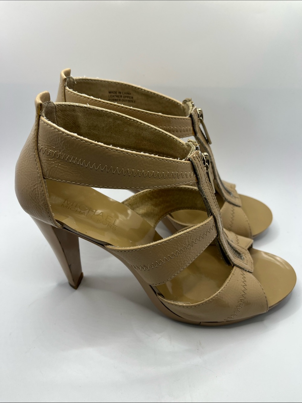 Neutral Tan Zip-Front Strappy Heels for Women - Picture 2 of 8